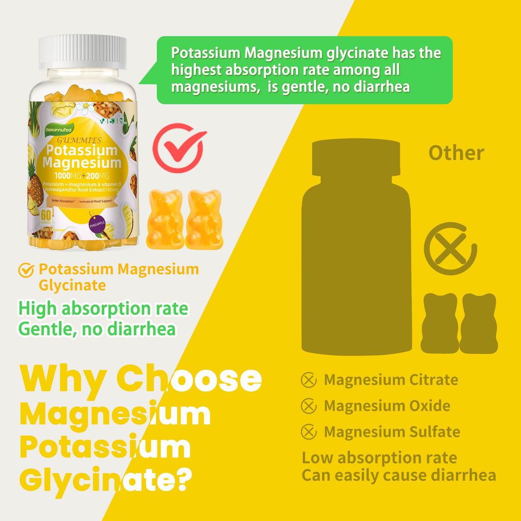 Potassium Magnesium Gummies,High Absorption Magnesium Glycinate,B6,D3,Potassium Citrate for Leg Cramps,Muscle,Electroyte for Adults Kids,Sugar-Free, 60 Gummies (Pineapple) Wekannufod Au supplements