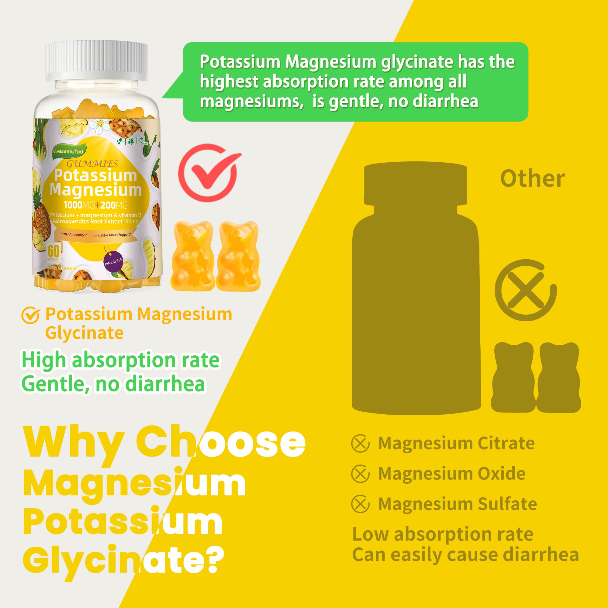Potassium Magnesium Gummies,High Absorption Magnesium Glycinate,B6,D3,Potassium Citrate for Leg Cramps,Muscle,Electroyte for Adults Kids,Sugar-Free, 60 Gummies (Pineapple) Wekannufod Au supplements