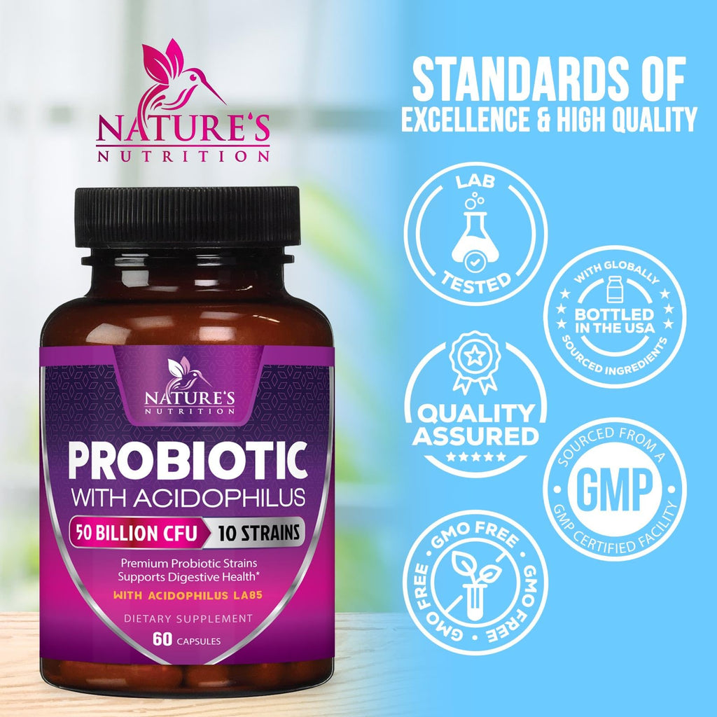Probiotics 50 Billion CFU per Serving - 10 Strains + Prebiotics - Digestive Health, Gut & Immune Support - Supports Occasional Constipation, Gas & Bloating for Women & Men Shelf Stable - 60 Capsules Nature's Nutrition Au supplements