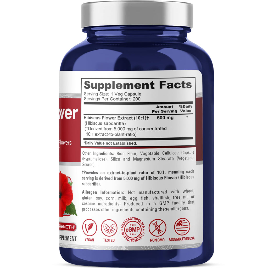 NusaPure Hibiscus Flower 10:1 Extract, 500 mg Equivalent to 5000mg 200 Vegetarian Caps (Non-GMO, Vegan) NusaPure Au supplements