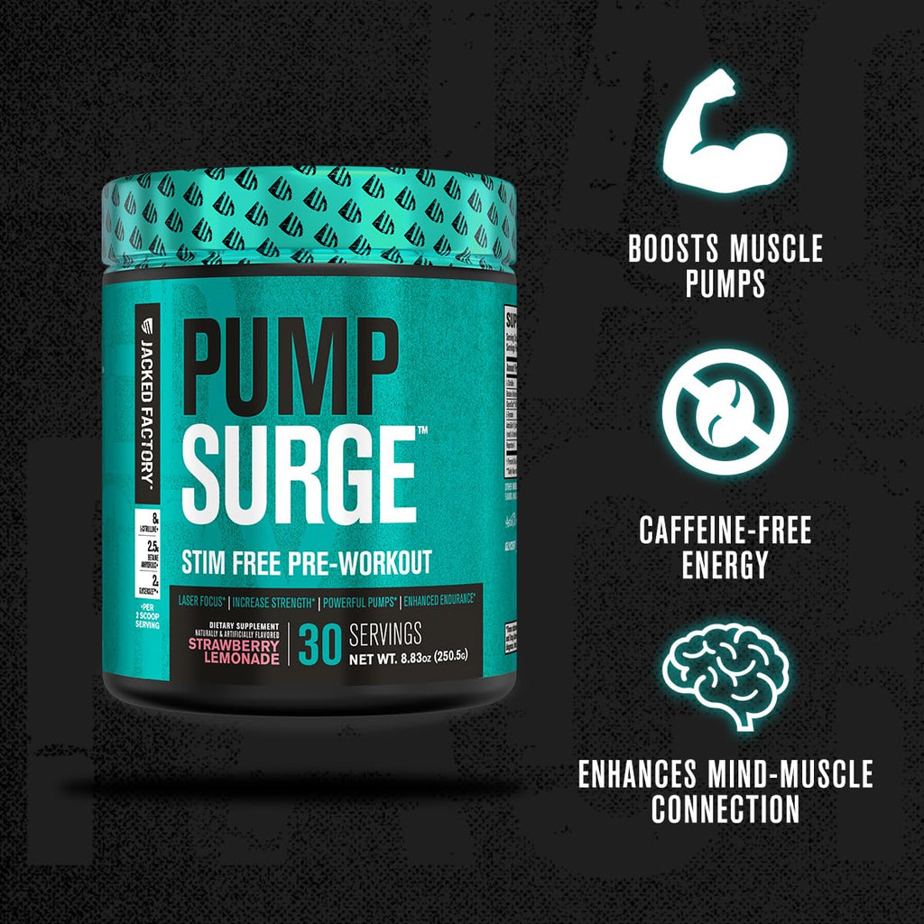 Jacked Factory Pumpsurge Caffeine Free Pre Workout for Men & Women - Booster & Stim Free Pre Workout - Intense Pumps, Enhanced Focus - 30 Servings, Cherry Limeade 8.83oz