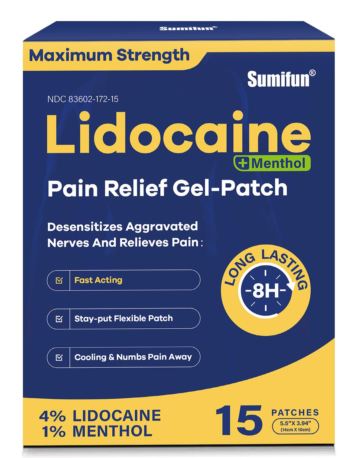 Sumifun 4% Lidocaine Patches Plus 1% Menthol - 15 Counts Maximum Strength OTC Pain Relief Patches for Back Ache Stiff Neck Joint Pain Muscle Soreness Topical Analgesic Sumifun Au supplements