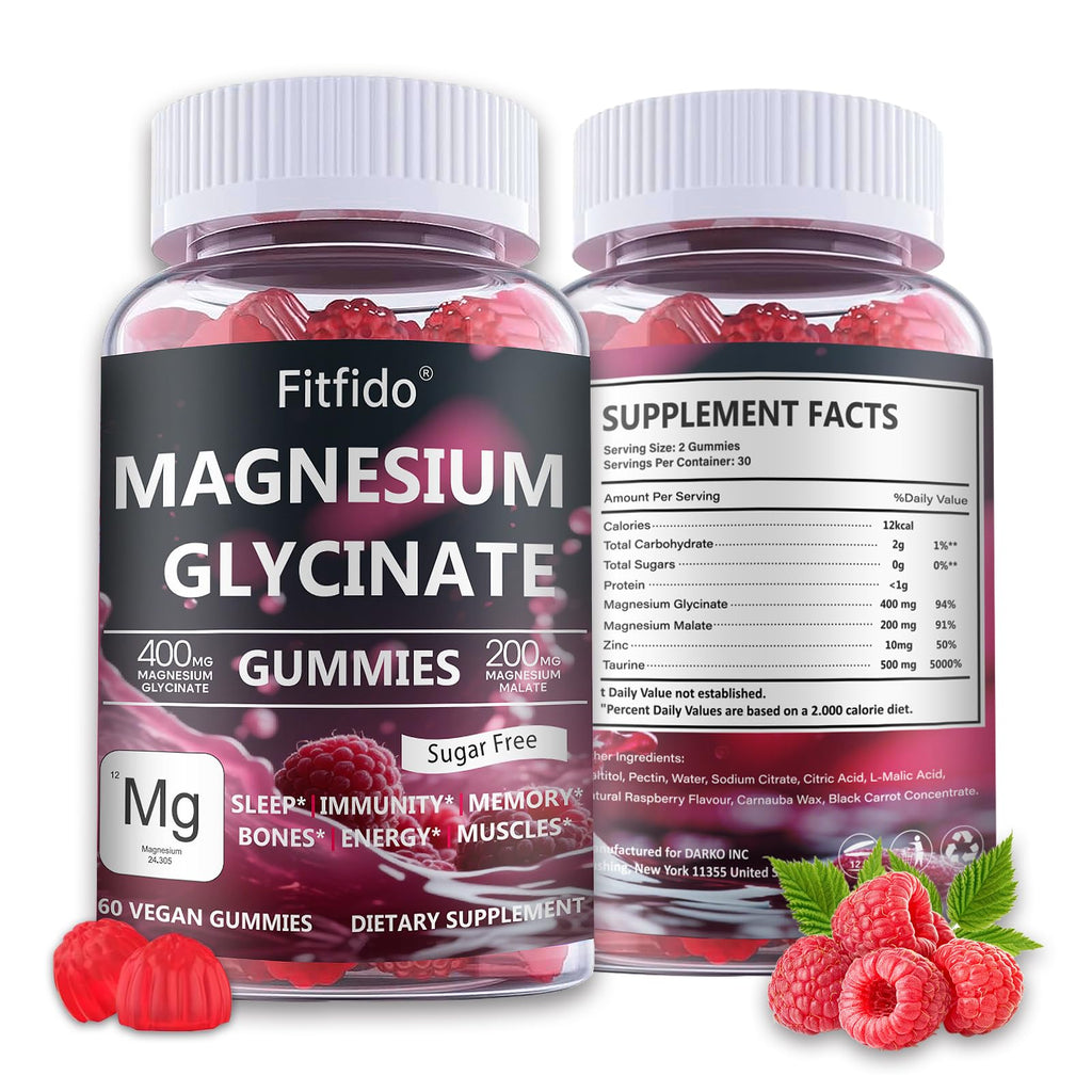 Magnesium Glycinate Gummies 400mg, Chewable Sugar Free Magnesium Supplement with Magnesium Glycinate, Magnesium Malate and Protein for Sleep, Relaxation, Brain & Muscle - Vegan (60 Count, Raspberry) Fitfido Au supplements