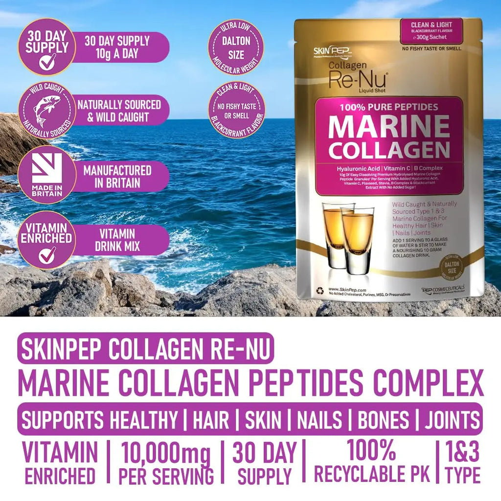 Premium Hydrolysed Marine Collagen Peptide Powder + VIT C, B Complex Hyaluronic Acid, & Stevia. Delicious Taste/No Fishy Smell - SkinPep® Collagen Re-Nu 300g - 30 Days Supply SkinPep Au supplements