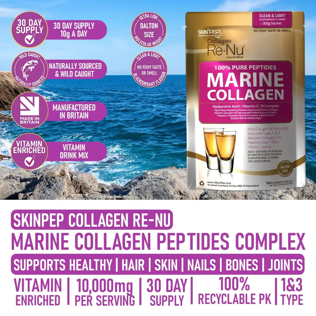 Premium Hydrolysed Marine Collagen Peptide Powder + VIT C, B Complex Hyaluronic Acid, & Stevia. Delicious Taste/No Fishy Smell - SkinPep® Collagen Re-Nu 300g - 30 Days Supply SkinPep Au supplements
