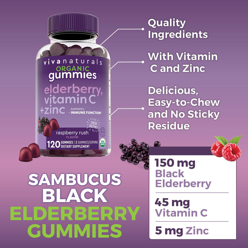 Viva Naturals Sambucus Elderberry Gummies for Adults - 150mg Black Elderberry Vitamin C and Zinc, 3-in-1 Daily Immune Support Gummies, Raspberry Rush Flavor