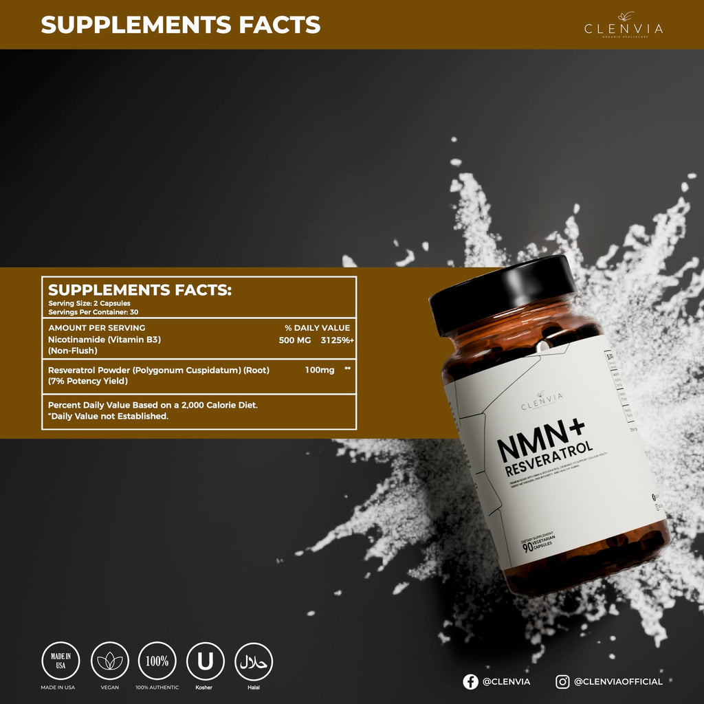CLENVIA Premium NMN Supplement with Resveratrol – High Potency NAD+ Support Formula – >99.7% Purity – Third-Party Tested – Made in USA – 500mg Nicotinamide + 100mg Resveratrol – 90 Capsules CLENVIA Au supplements