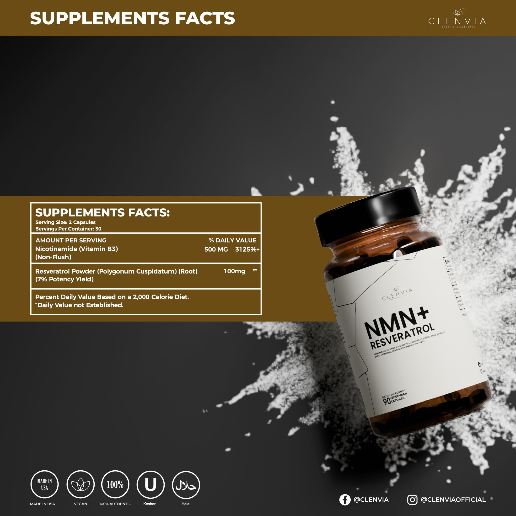 CLENVIA Premium NMN Supplement with Resveratrol – High Potency NAD+ Support Formula – >99.7% Purity – Third-Party Tested – Made in USA – 500mg Nicotinamide + 100mg Resveratrol – 90 Capsules CLENVIA Au supplements