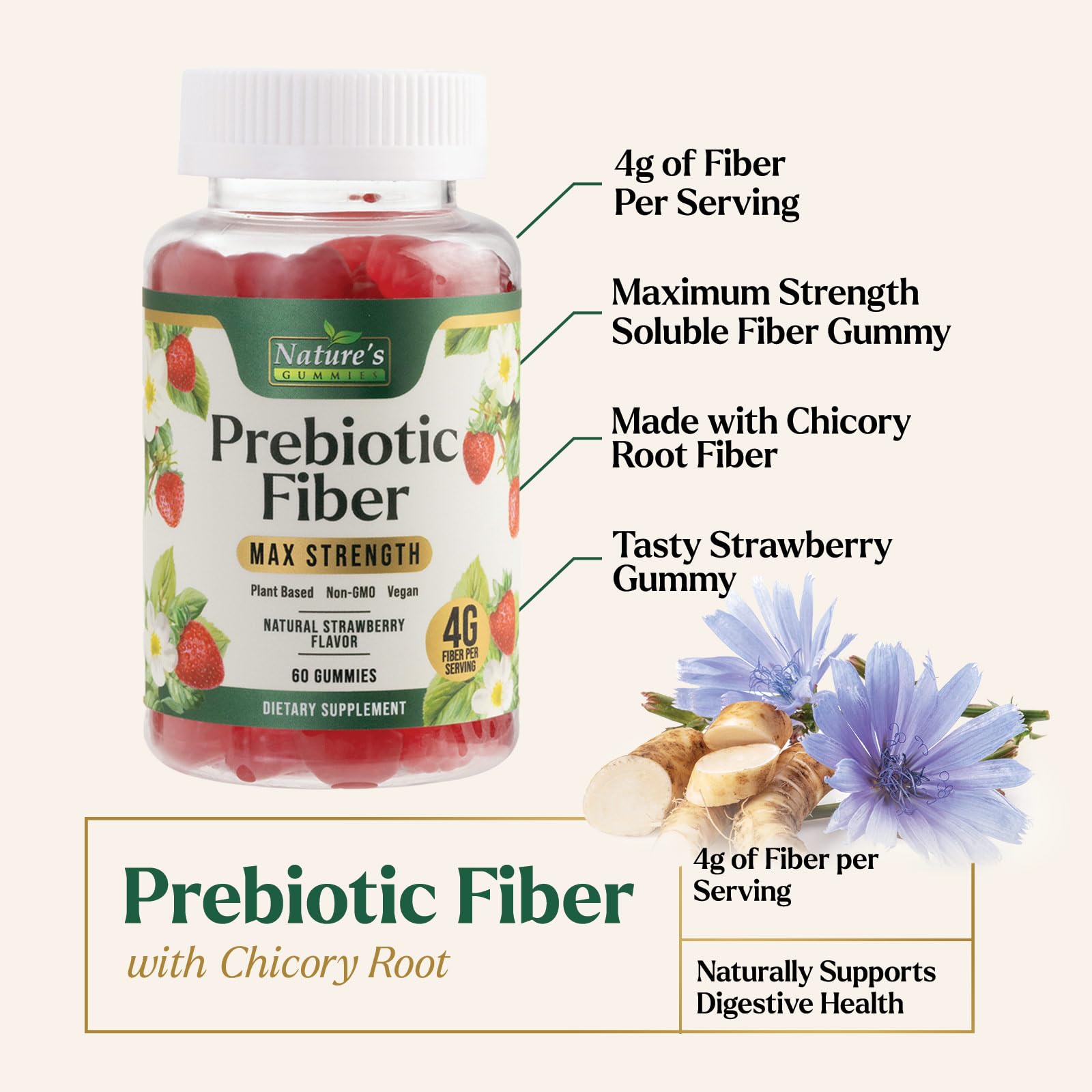 Prebiotic Fiber Gummies - 4g Dietary Fiber Per Serving - Extra Strength Daily Supplement for Adults - Tasty Strawberry Flavor - Plant Based Digestive