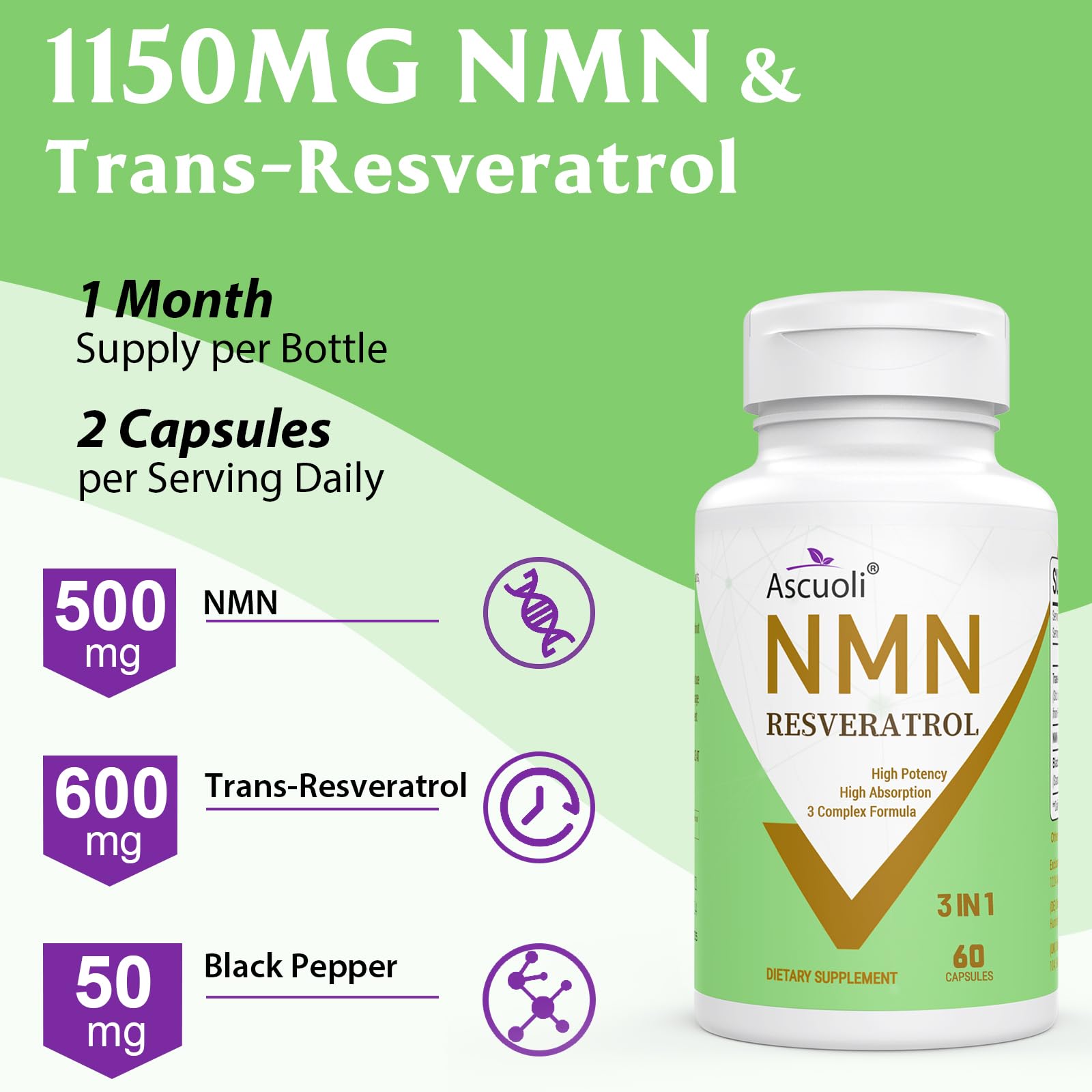 99% Ultra Purity NMN 500mg + Trans-Resveratrol 600mg, 1150mg NMN Resveratrol Supplement, 3-in-1 Advanced Formula for Boost* NAD, Cell, Immune, Energy & Muscle, Healthy Aging, Stabilized Form - 60 Caps Ascuoli Au supplements