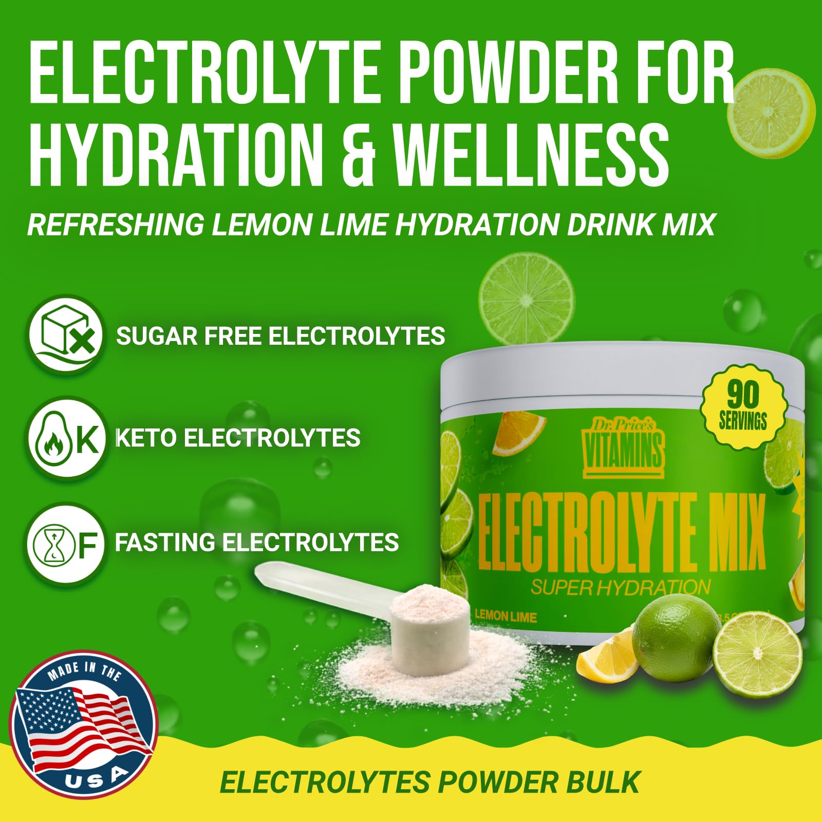 Dr. Price’s Electrolytes Powder Bulk – Lemon Lime, 90 Servings | Sugar Free Hydration Drink Mix with 72+ Trace Minerals, Manganese | Keto Electrolytes