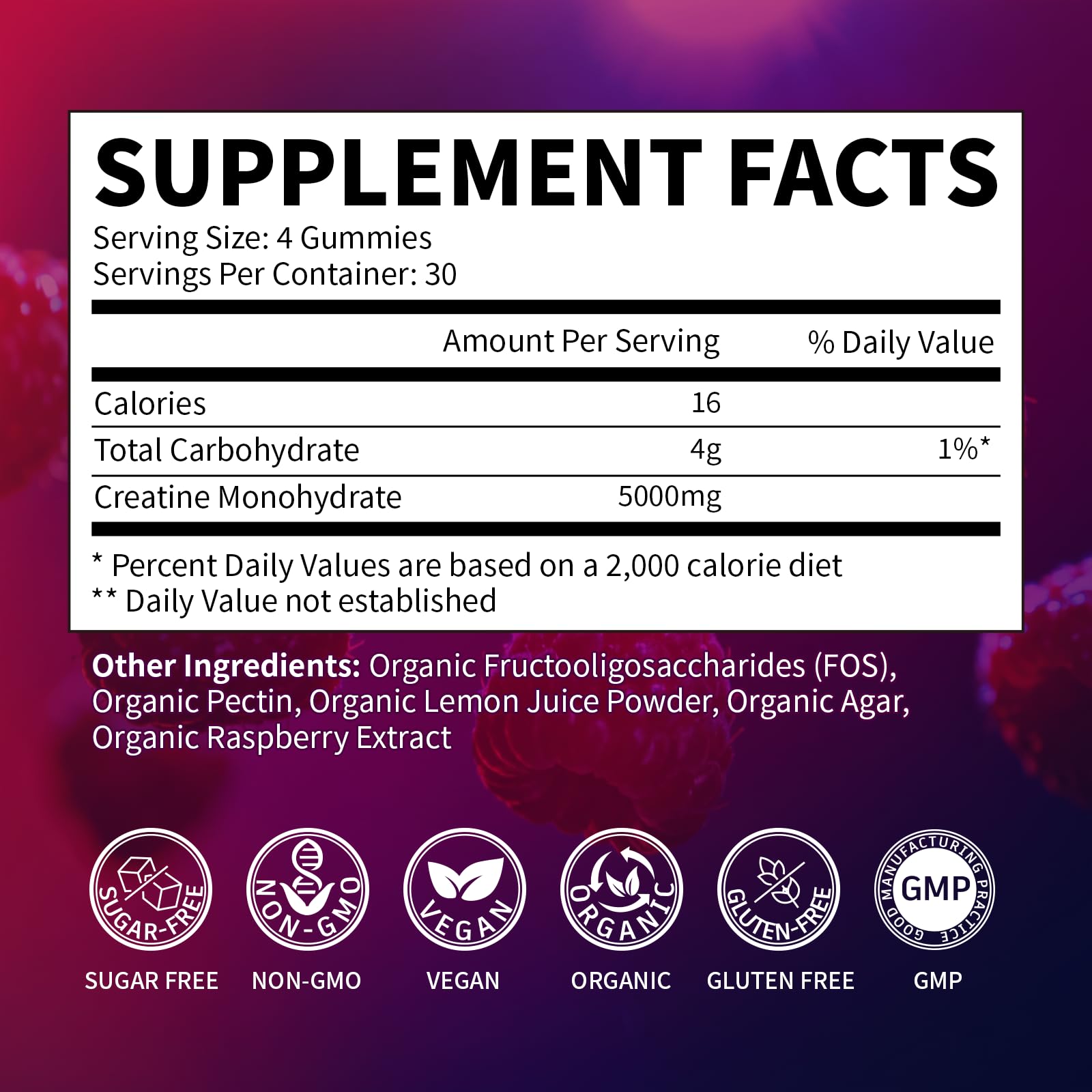 Creatine Monohydrate Gummies 5000mg for Men & Women, Organic Pure Creatine Gummies | Sugar Free,Vegan, Non-GMO,Raspberry Flavor, 120 Count