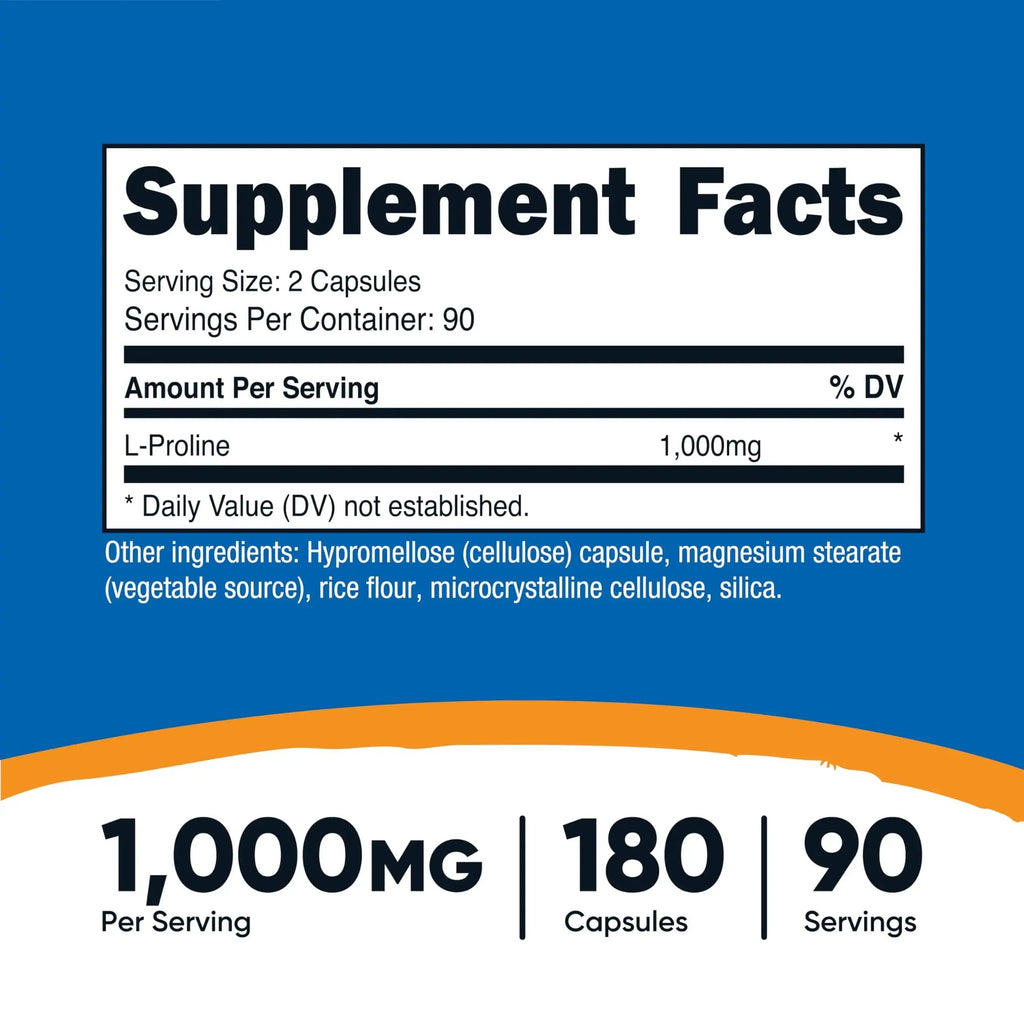 Nutricost L-Proline 1000mg, 180 Capsules (90 Servings) - 500mg Per Cap, Non-GMO, Gluten Free Nutricost Au supplements