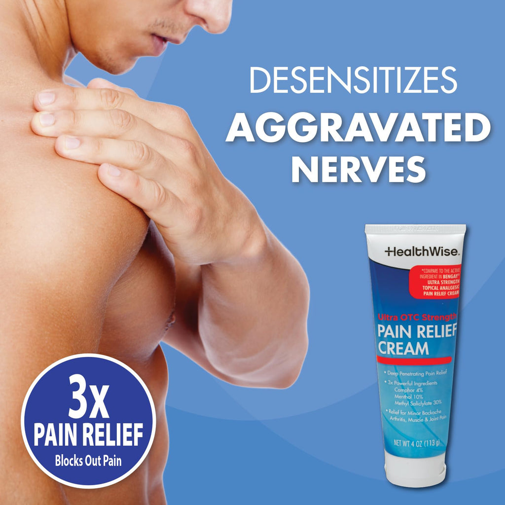 HealthWise Pain Relief Cream | Ultra OTC Strength | 4% Camphor + 10% Menthol + 30% Methly Saliclylate | Non-Greasy Formula | 4.0 Oz | Topical Analgesic HealthWise Au supplements