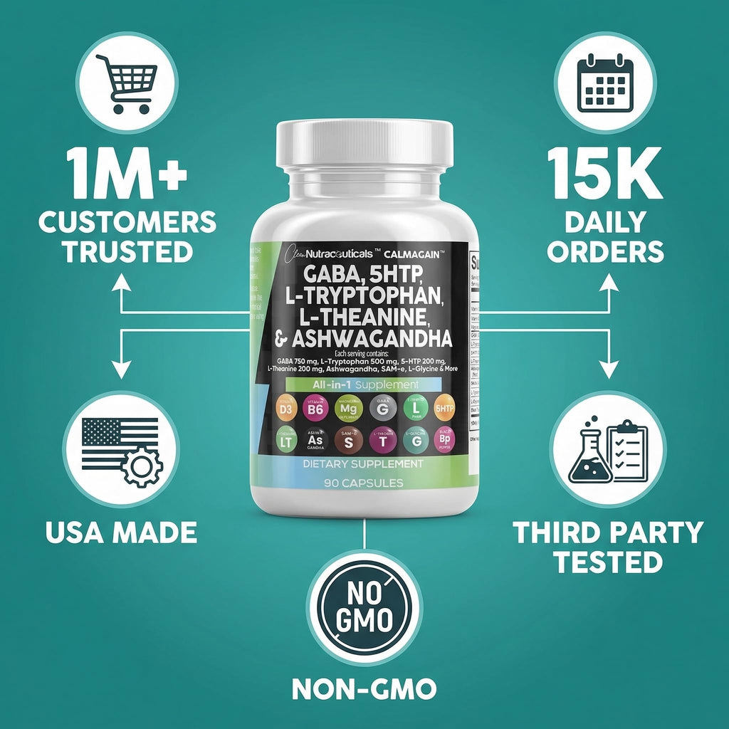 Clean Nutraceuticals GABA 750mg 5 HTP 200mg L Tryptophan 500mg L Theanine 200mg Ashwagandha SAM-e L-Glycine - Mood Support Vitamins for Women and Men with L-Tyrosine 5-HTP