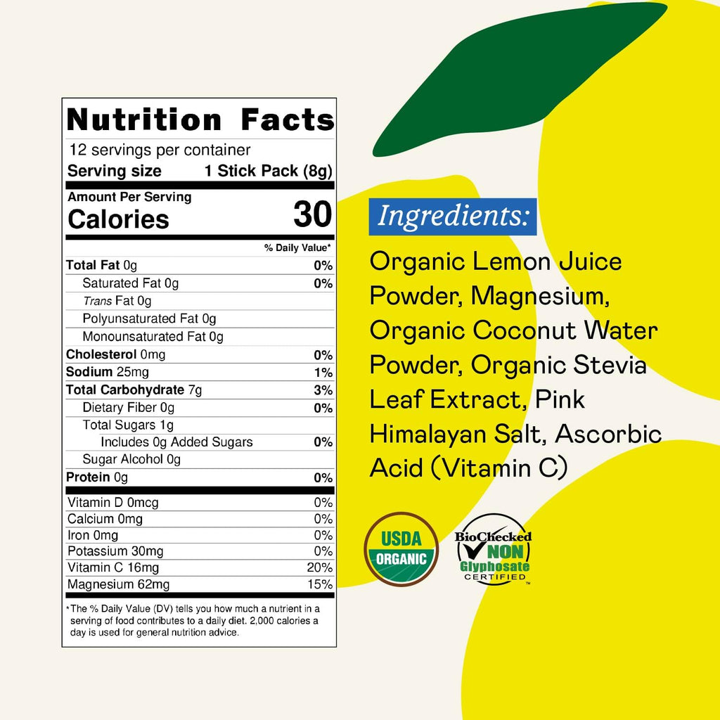 GOODONYA Organic Hydration Electrolyte Drink Mix, Certified Organic Hydration Powder, Non-GMO, Biochecked Glyphosate Free, Low Sugar, Lemonade Flavor, No Artificial Flavors,12 Stick Packs