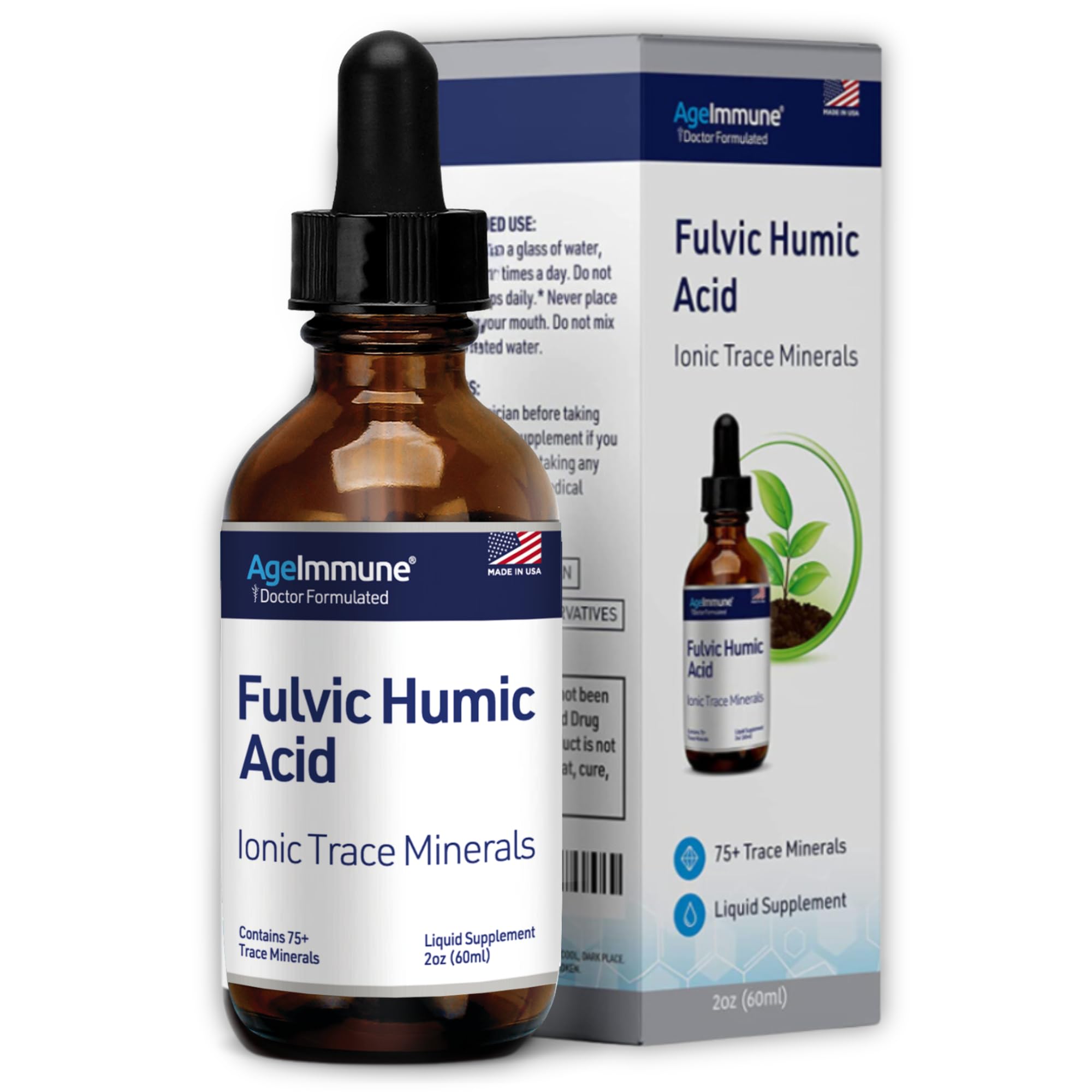 Fulvic Humic Acid 75 + Trace Minerals Liquid Supplement - Plant Derived in USA - Fulvic Acid Minerals Concentrate for Energy, Gut Health and Hydration