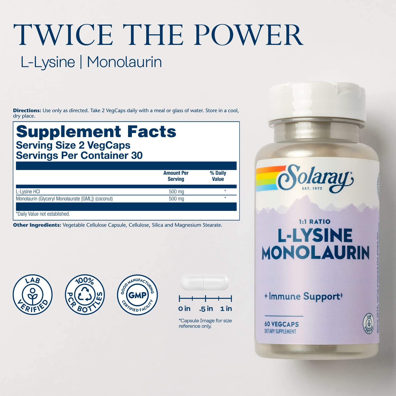 SOLARAY L-Lysine Monolaurin Immune Support Supplement, 1:1 Ratio for Immune System Function, 500 mg Each, 60-Day Money Back Guarantee