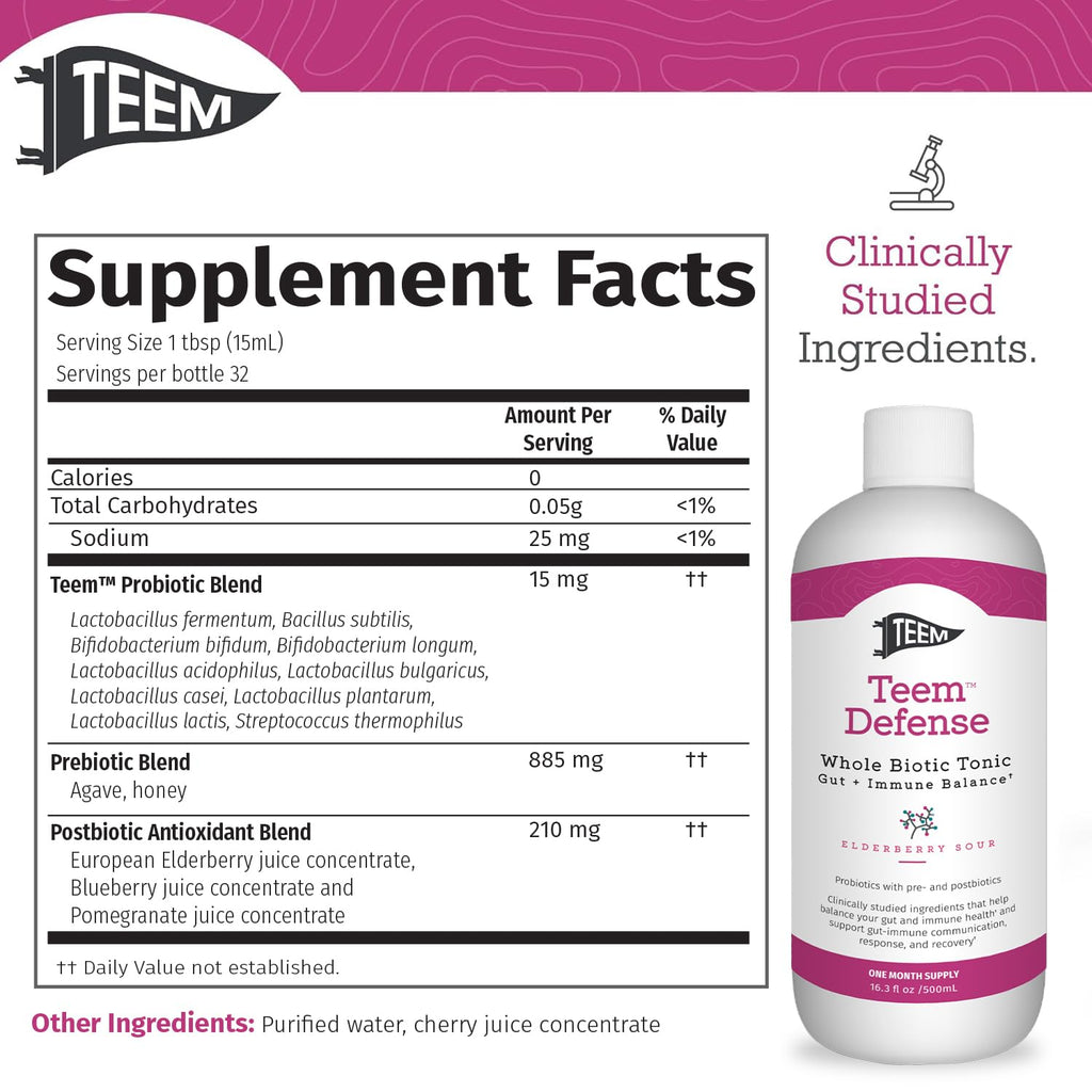 Teem Defense Liquid Probiotic with Elderberry, Whole Biotic Tonic for Digestion & Immunity, Prebiotic Probiotic & Postbiotic Supplement for Kids and Adults, 30 Day Supply – 16.3 Fl.Oz Teem Au supplements