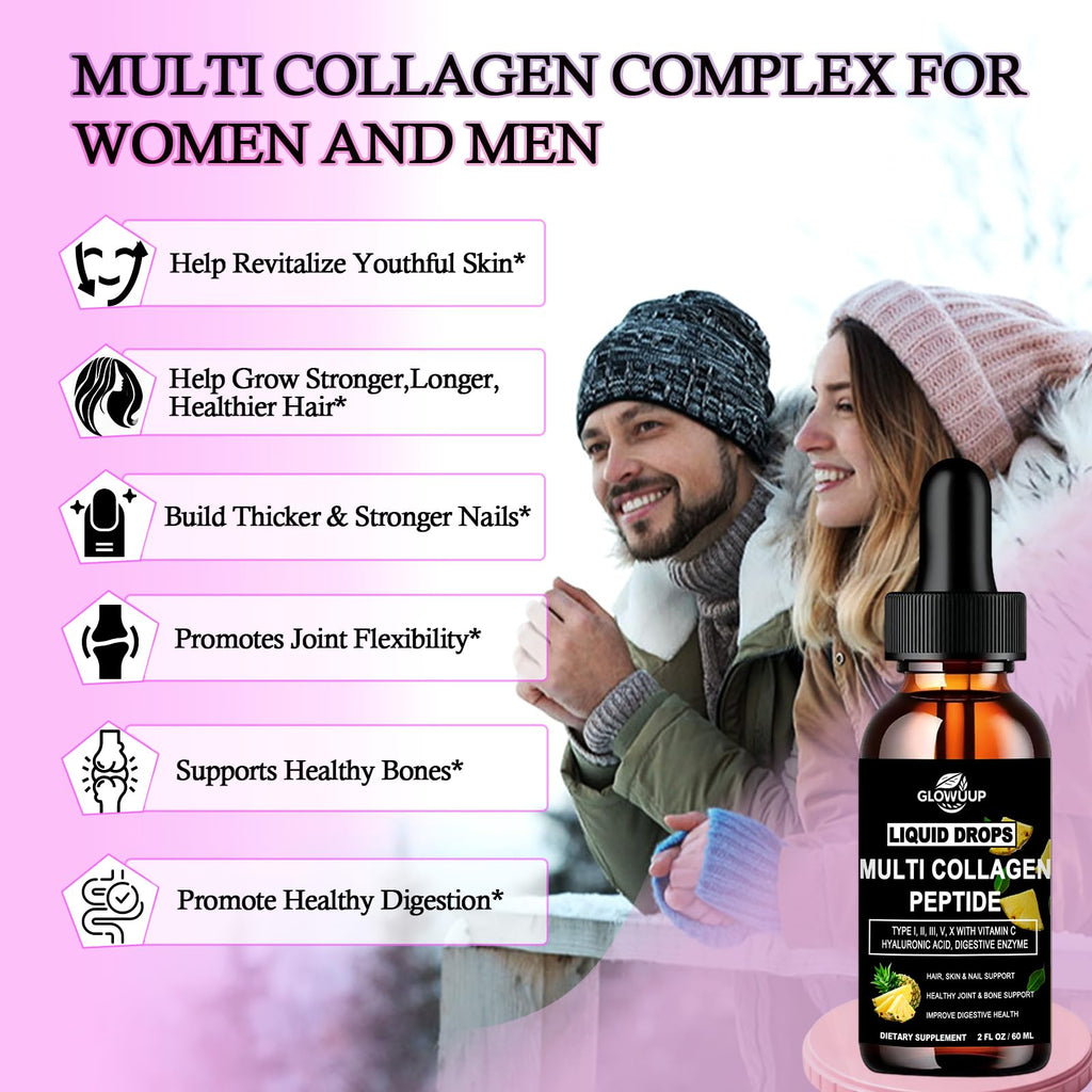 Multi Collagen Peptides Liquid Drops for Women & Men-Type I, II, III, V, X丨Hydrolyzed Collagen Peptides, Collagen Proteins W. Hyaluronic Acid, Biotin & Vitamin C for Hair Skin & Joint Gut Health GLOVVUUP Au supplements