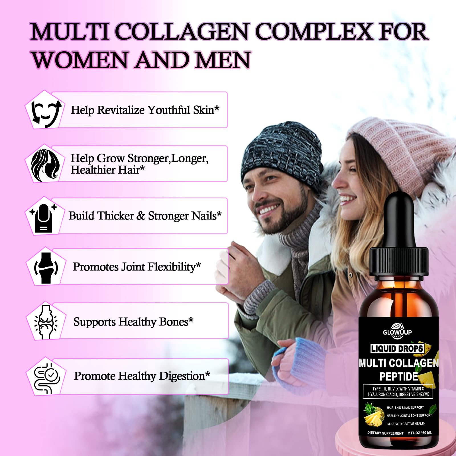 Multi Collagen Peptides Liquid Drops for Women & Men-Type I, II, III, V, X丨Hydrolyzed Collagen Peptides, Collagen Proteins W. Hyaluronic Acid, Biotin & Vitamin C for Hair Skin & Joint Gut Health GLOVVUUP Au supplements