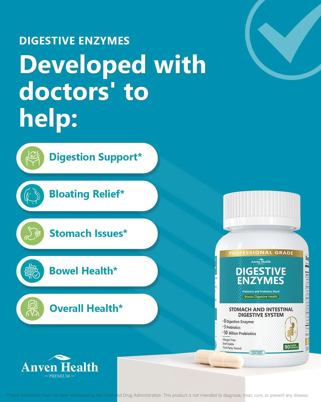 Anven Health 800mg Digestive Enzymes for Men and Women with Probiotics & Prebiotics, 8 Key Enzymes, Protease, Amylase & Lipase | 270 Capsules - A 90-Day Supply