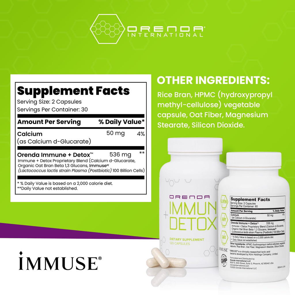 Orenda Immune + Detox - Specialized Formula with Calcium d-Glucarate, Beta 1,3 Glucans & IMMUSE® for Wellness and Balance - 120 Capsules