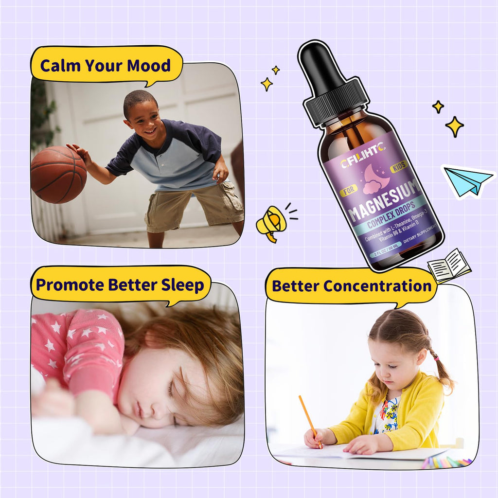 Kids Magnesium Liquid Drops-Magnesium Glycinate Liquid for Kids Supplement-w/L-theanine, Omega-3, Vitamin B6, D3 - for Sleep, Relaxation, Brain, Bones