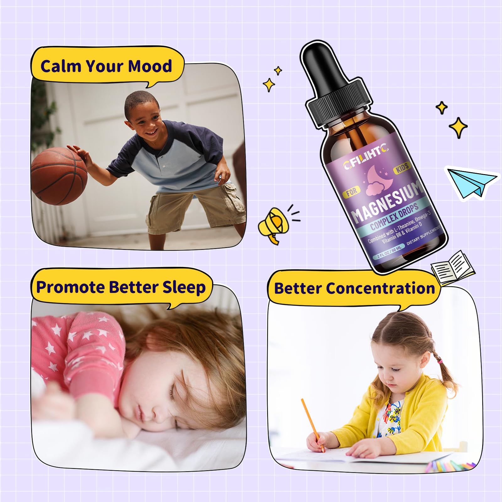 Kids Magnesium Liquid Drops-Magnesium Glycinate Liquid for Kids Supplement-w/L-theanine, Omega-3, Vitamin B6, D3 - for Sleep, Relaxation, Brain, Bones