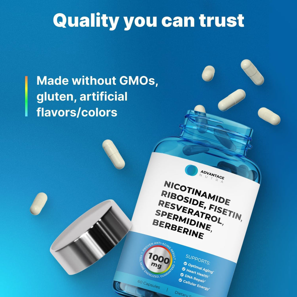 AdvantageNutra Liposomal Nicotinamide Riboside NR Supplement Resveratrol NAD : Nicotinamide 500mg w/Fisetin, Resveratrol Powder Spermidine Berberine NAD Resveratrol Supplement 500 mg - 60 caps 1 Pack AdvantageNutra Au supplements