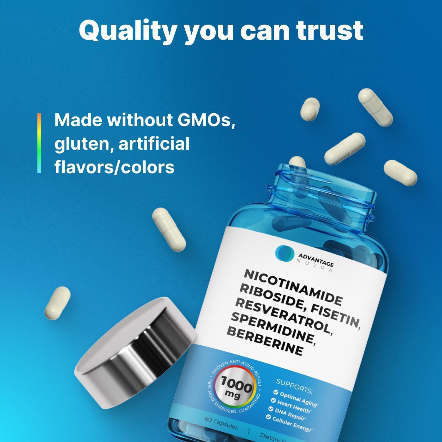 AdvantageNutra Liposomal Nicotinamide Riboside NR Supplement Resveratrol NAD : Nicotinamide 500mg w/Fisetin, Resveratrol Powder Spermidine Berberine NAD Resveratrol Supplement 500 mg - 60 caps 1 Pack AdvantageNutra Au supplements