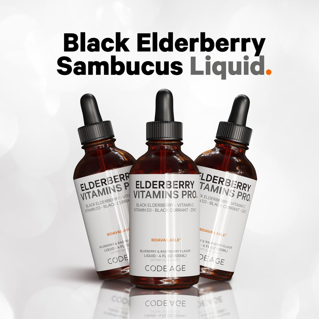 Codeage Elderberry Vitamins Pro - Organic Black Elderberry Liquid Drops - Vitamin C, D3, Zinc, Black Currant - 2-Month Supply - Black Sambucus Liquid - Supplement for Adults & Kids - 4 fl oz Codeage Au supplements