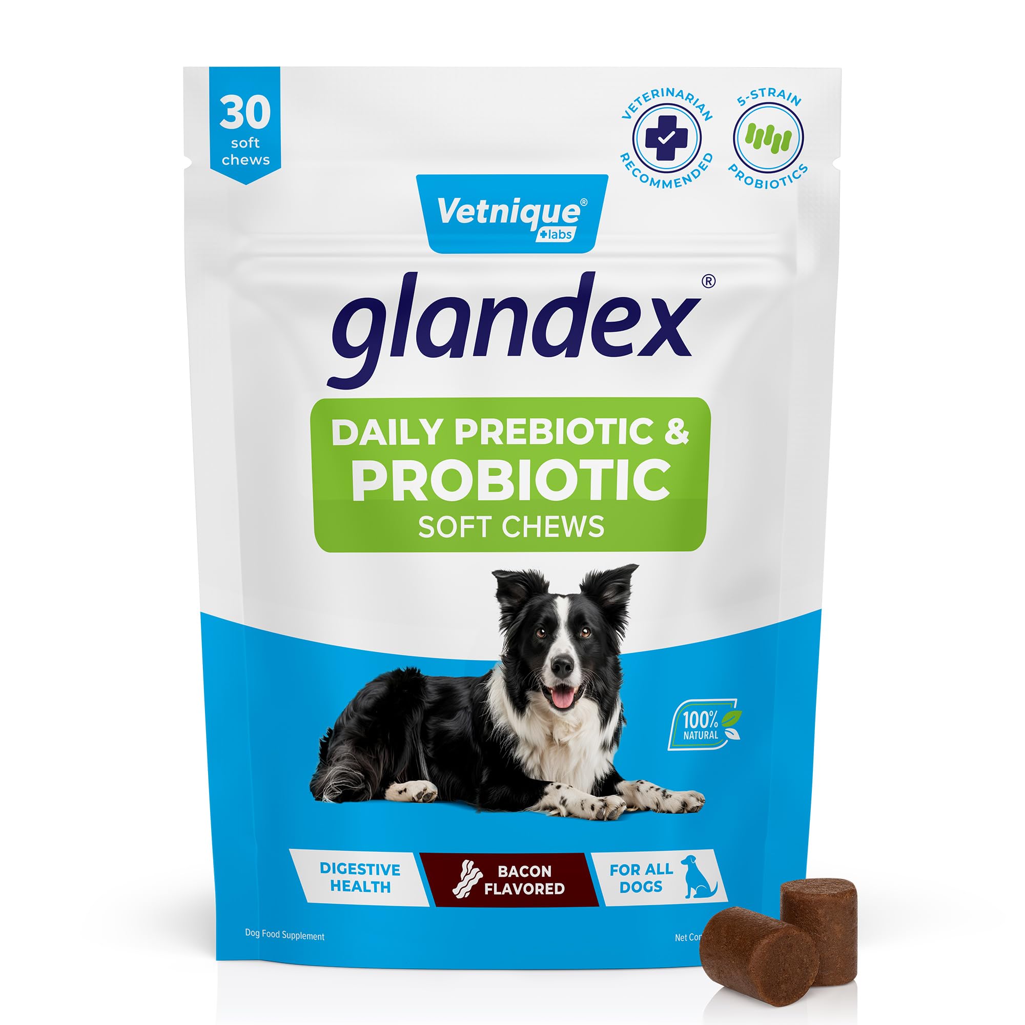 Vetnique Glandex Daily Probiotics for Dogs with Prebiotics to Support Gut Health with Fiber and Digestive Enzymes, Dog Probiotic Chews or Powders (30ct Chews, Bacon Chews) Vetnique Au supplements
