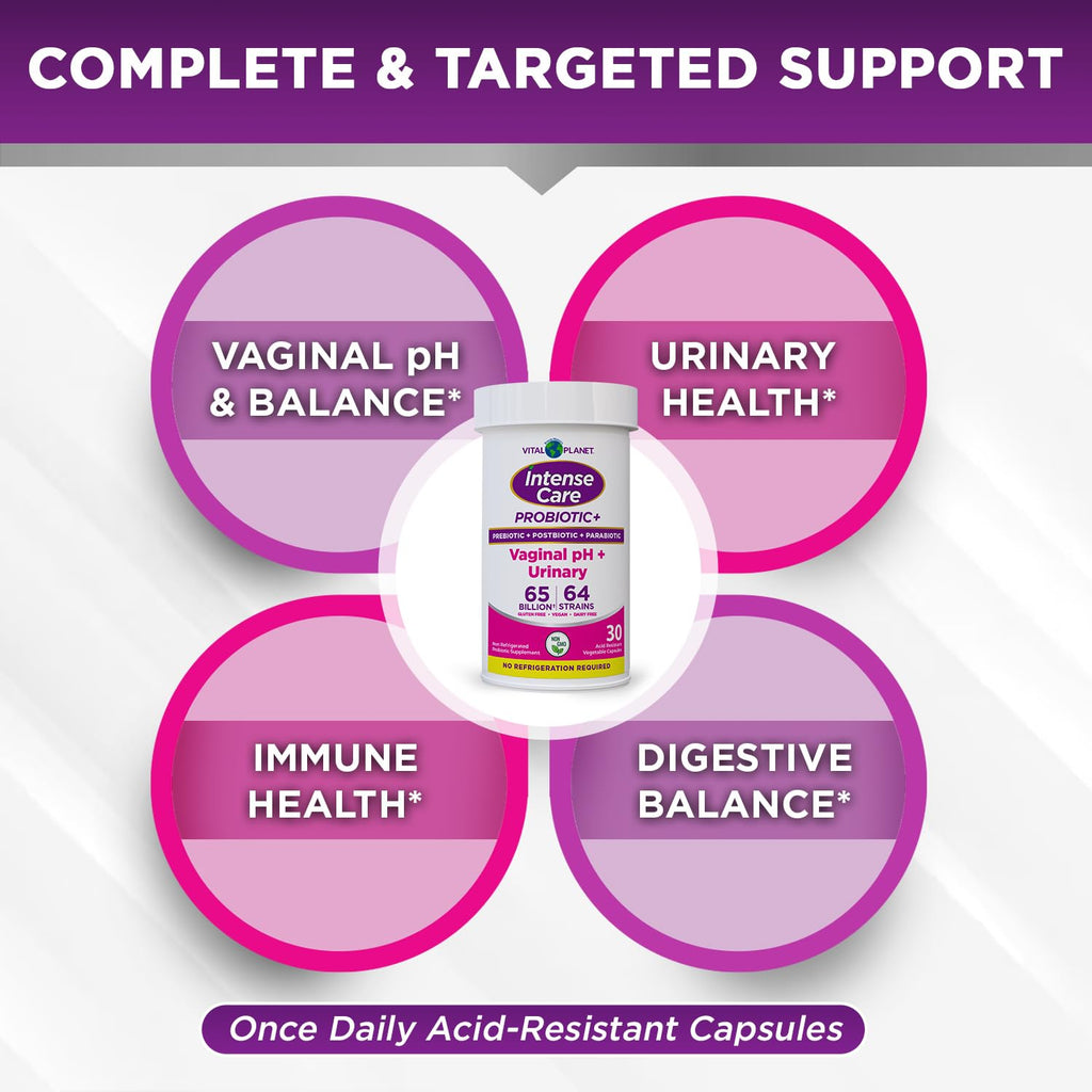 Vital Planet - Intense Care Vaginal pH & Urinary Probiotics for Women Plus Organic Prebiotics, Postbiotics, and Parabiotics, 65 Billion CFU and 64 Strains, Immune and Digestive Health 30 ct Vital Planet Au supplements