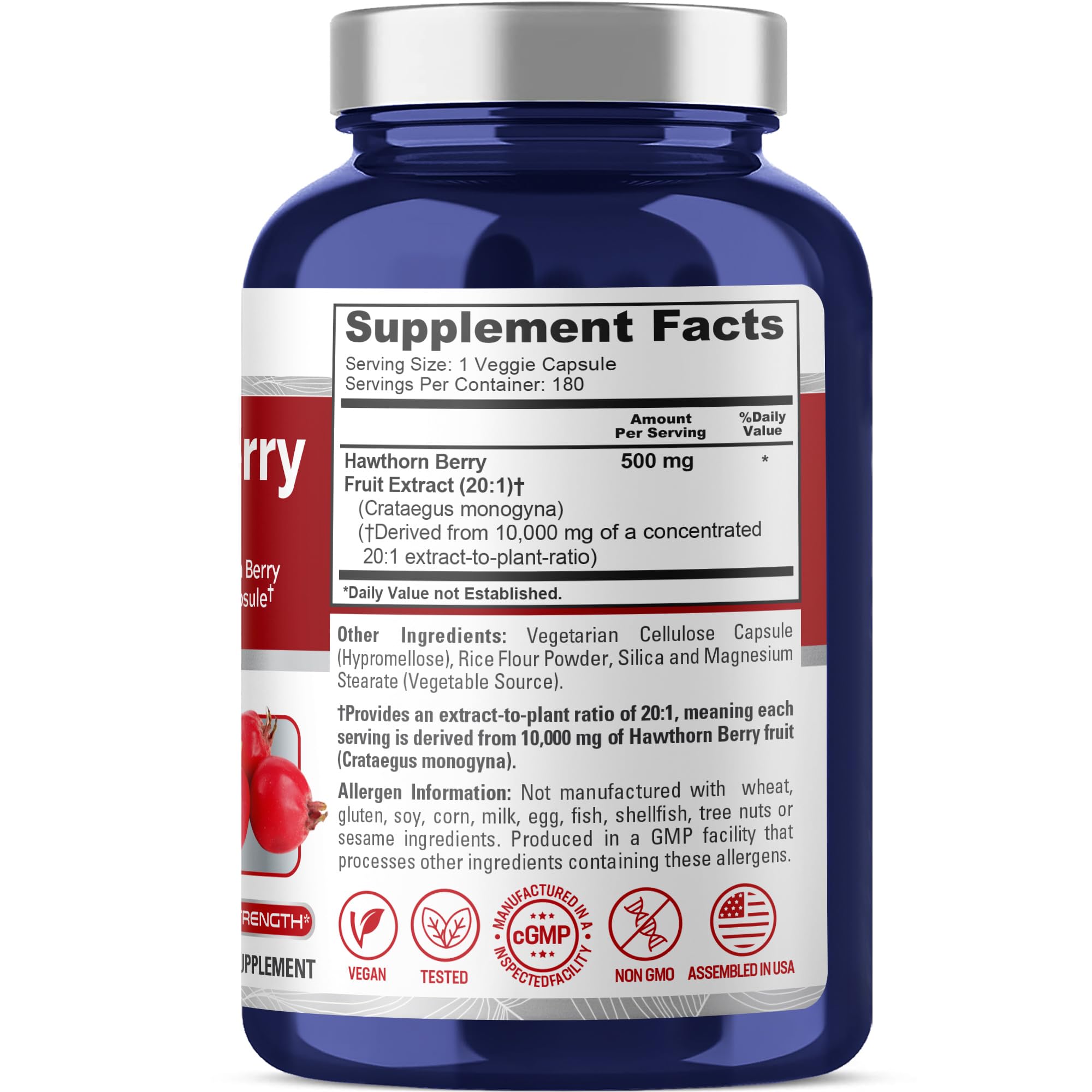 NusaPure Hawthorn Berry 20:1 Extract, 500 mg Equivalent to 10,000 mg 180 Veg Caps, Suitable for Vegetarians, Vegan, Non-GMO Dietary Supplement NusaPure Au supplements