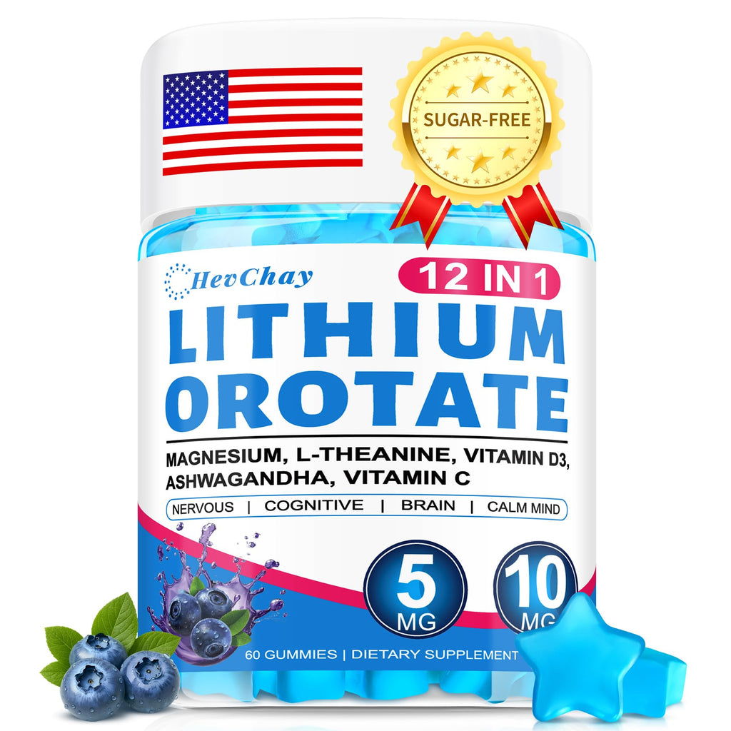 12-in-1 Lithium Orotate 5mg 10mg with Ashwagandha & L-Theanine, Lithium Orotate for Mood, Calm, Cognitive & Brain, High Bioavailability Trace Mineral, Lemon Balm