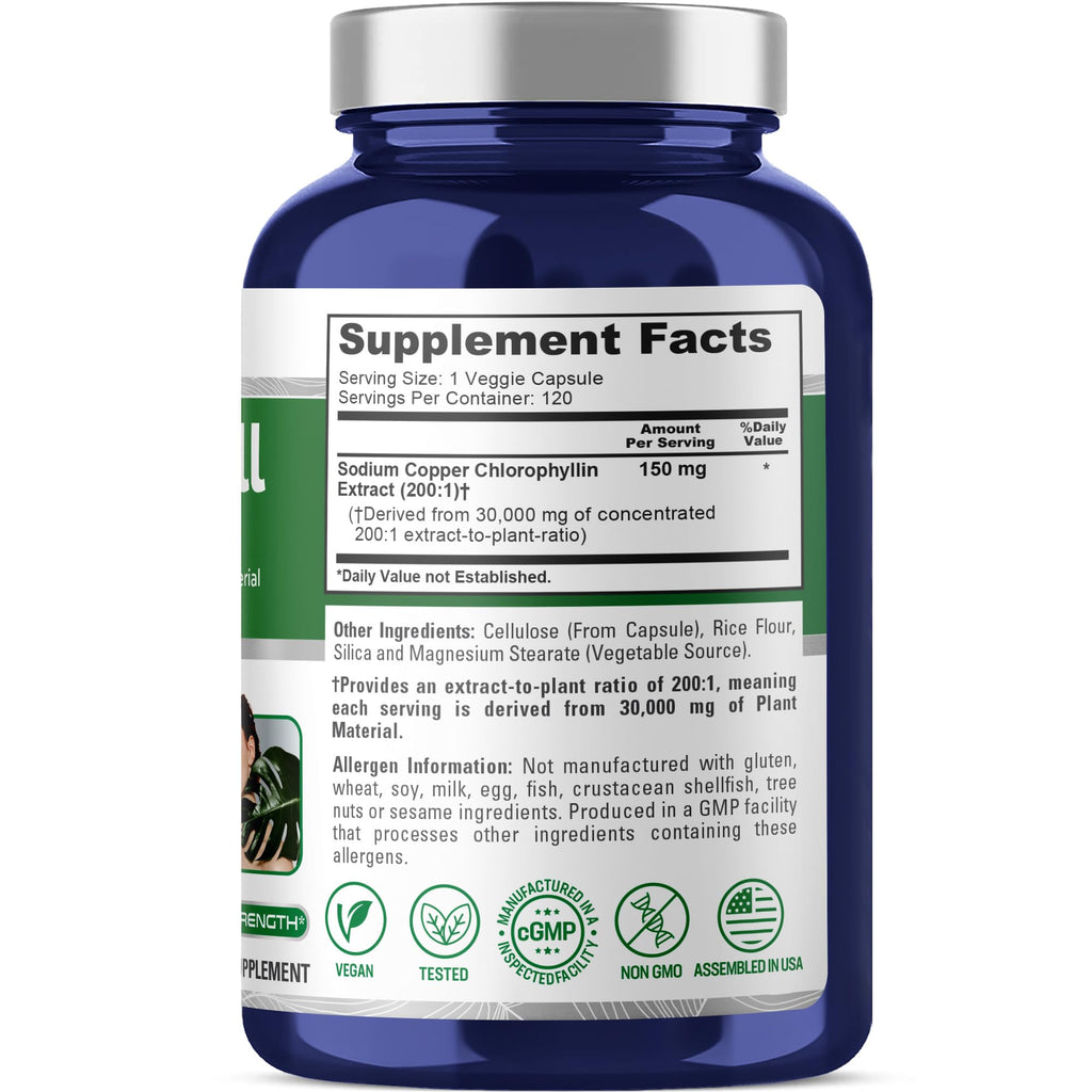 NusaPure Chlorophyll 200:1 Extract, 150 mg Equivalent to 30,000 mg per Capsule 120 Vegetarian Caps (Non-GMO, Vegan) NusaPure Au supplements