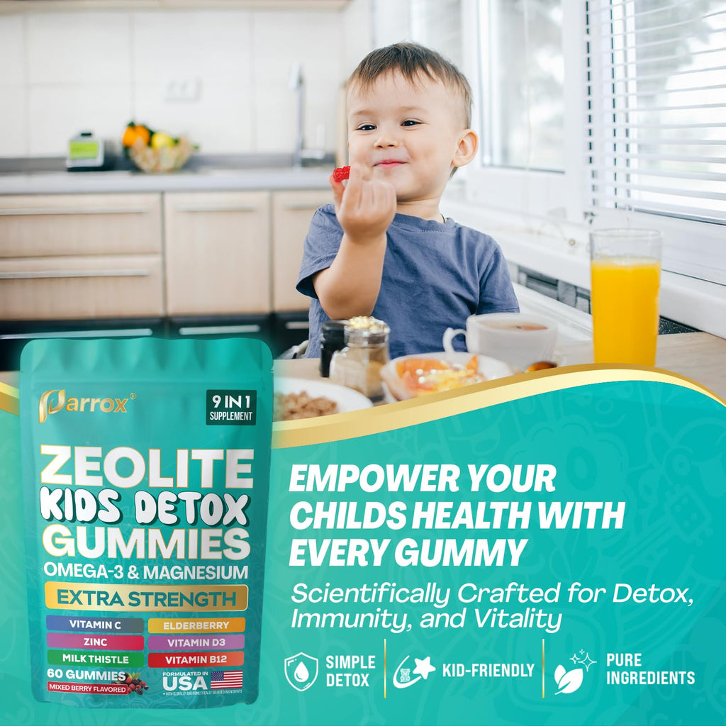 Parrox Zeolite Kids Gummies, 9-in-1 with Zeolite, Omega-3, Magnesium, Elderberry, Vitamin C, Milk Thistle, Vitamin D3, Zinc, B12 – Sugar-Free