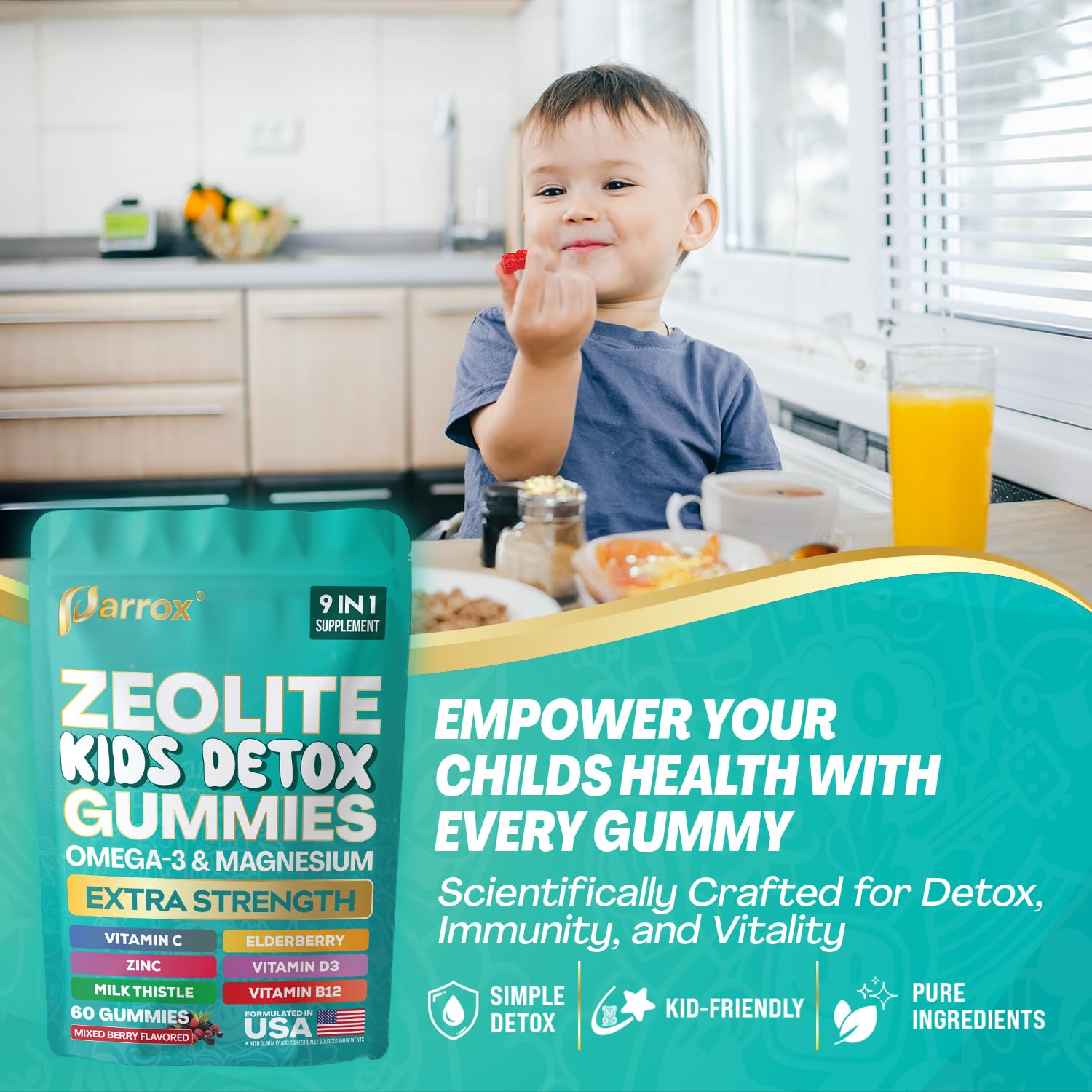 Parrox Zeolite Kids Gummies, 9-in-1 with Zeolite, Omega-3, Magnesium, Elderberry, Vitamin C, Milk Thistle, Vitamin D3, Zinc, B12 – Sugar-Free