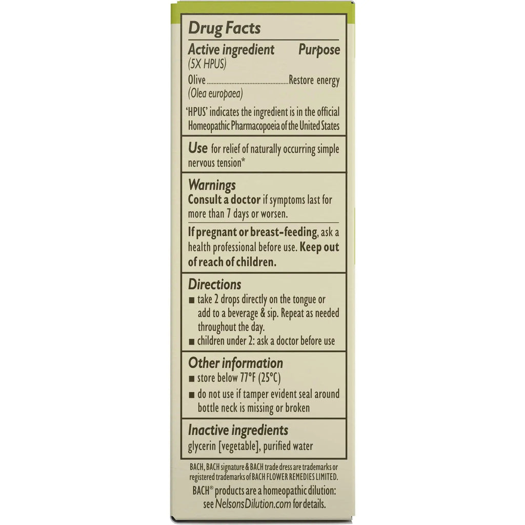 Bach Original Flower Remedies, Olive for Energy (Non-Alcohol Formula), Natural Homeopathic Flower Bach Au supplements