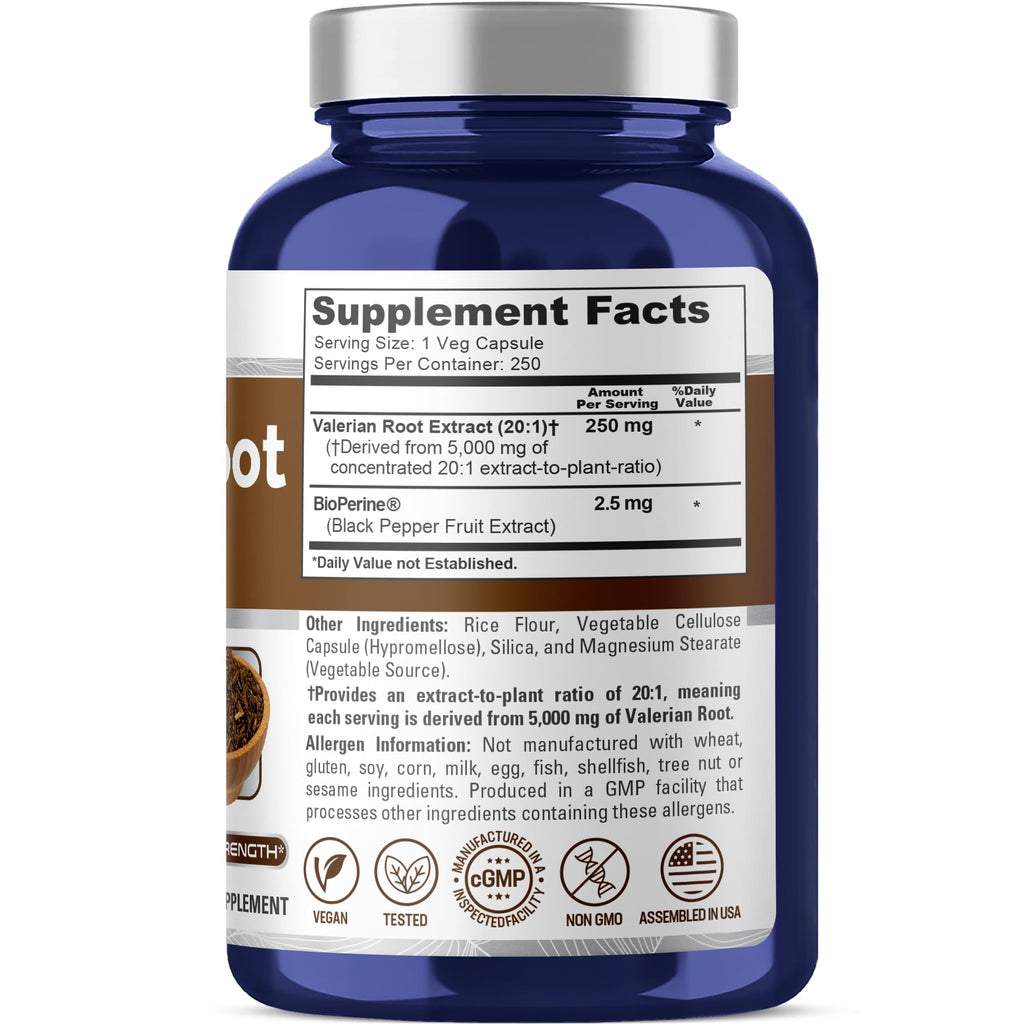 NusaPure Valerian Root 20:1 Extract, 250 mg Equivalent to 5000mg Per Veggie Caps, 250 Count, Vegan, Non-GMO, Bioperine NusaPure Au supplements