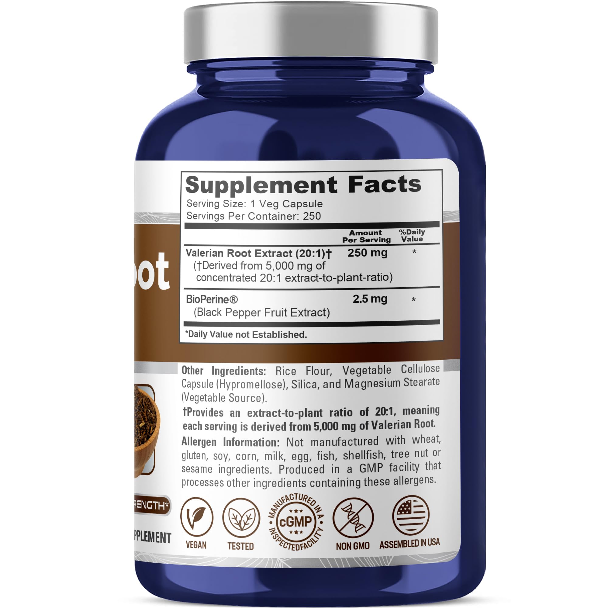 NusaPure Valerian Root 20:1 Extract, 250 mg Equivalent to 5000mg Per Veggie Caps, 250 Count, Vegan, Non-GMO, Bioperine NusaPure Au supplements
