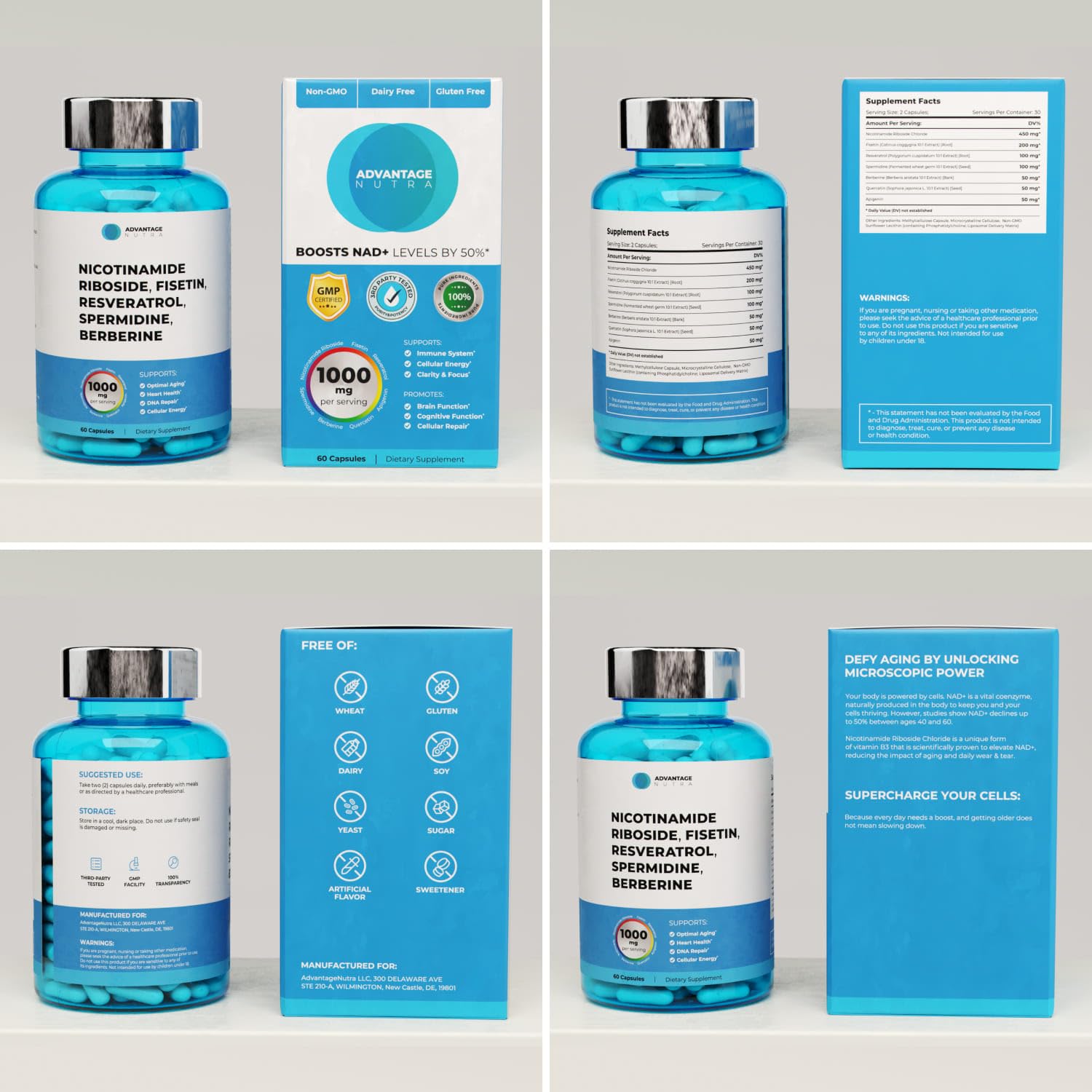AdvantageNutra Liposomal Nicotinamide Riboside NR Supplement Resveratrol NAD : Nicotinamide 500mg w/Fisetin, Resveratrol Powder Spermidine Berberine NAD Resveratrol Supplement 500 mg - 60 caps 1 Pack AdvantageNutra Au supplements