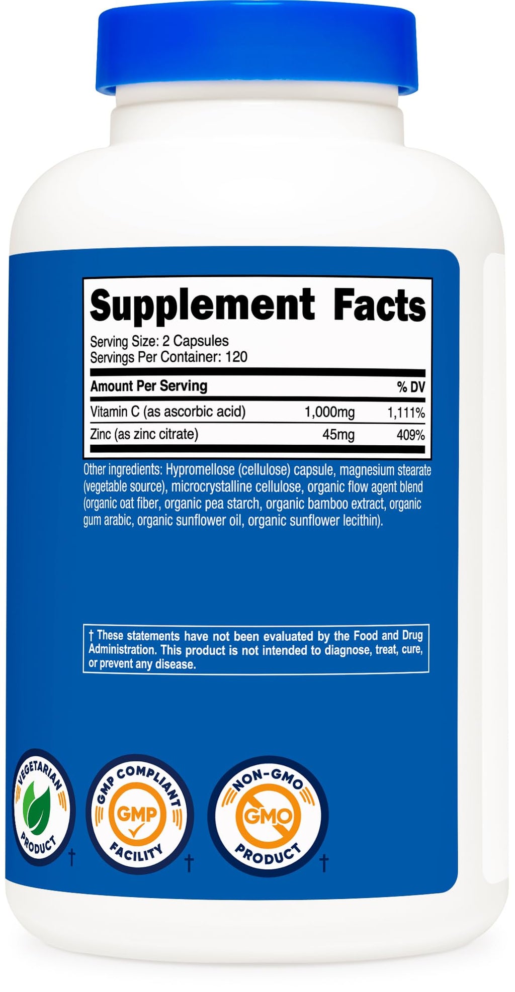 Nutricost Vitamin C with Zinc Capsules, 120 Servings - 1000mg, 45mg Zinc, Non-GMO, Gluten Free Vitamin C Supplement