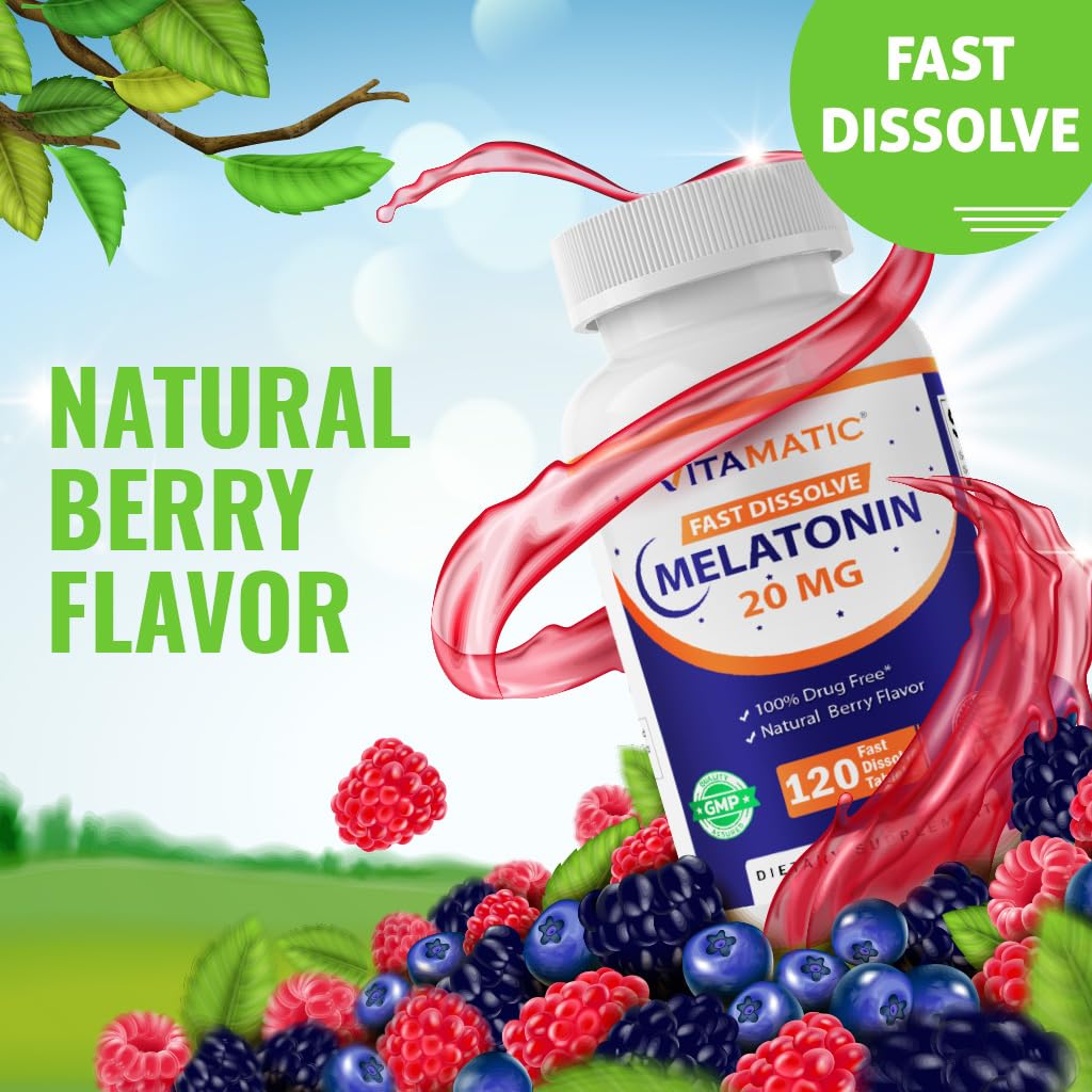 Vitamatic Melatonin 20mg for Sleep Support | Vegetarian, Non-GMO, Gluten Free | HIGH Potency 20 MG | Natural Berry Flavor 120