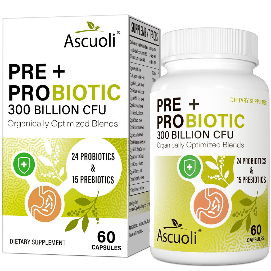 Ascuoli Probiotics for Women & Men - 300 Billion CFU, 24 Strains Probiotics + 15 Organic Herbs Blend, Daily Probiotic for Digestive Health,