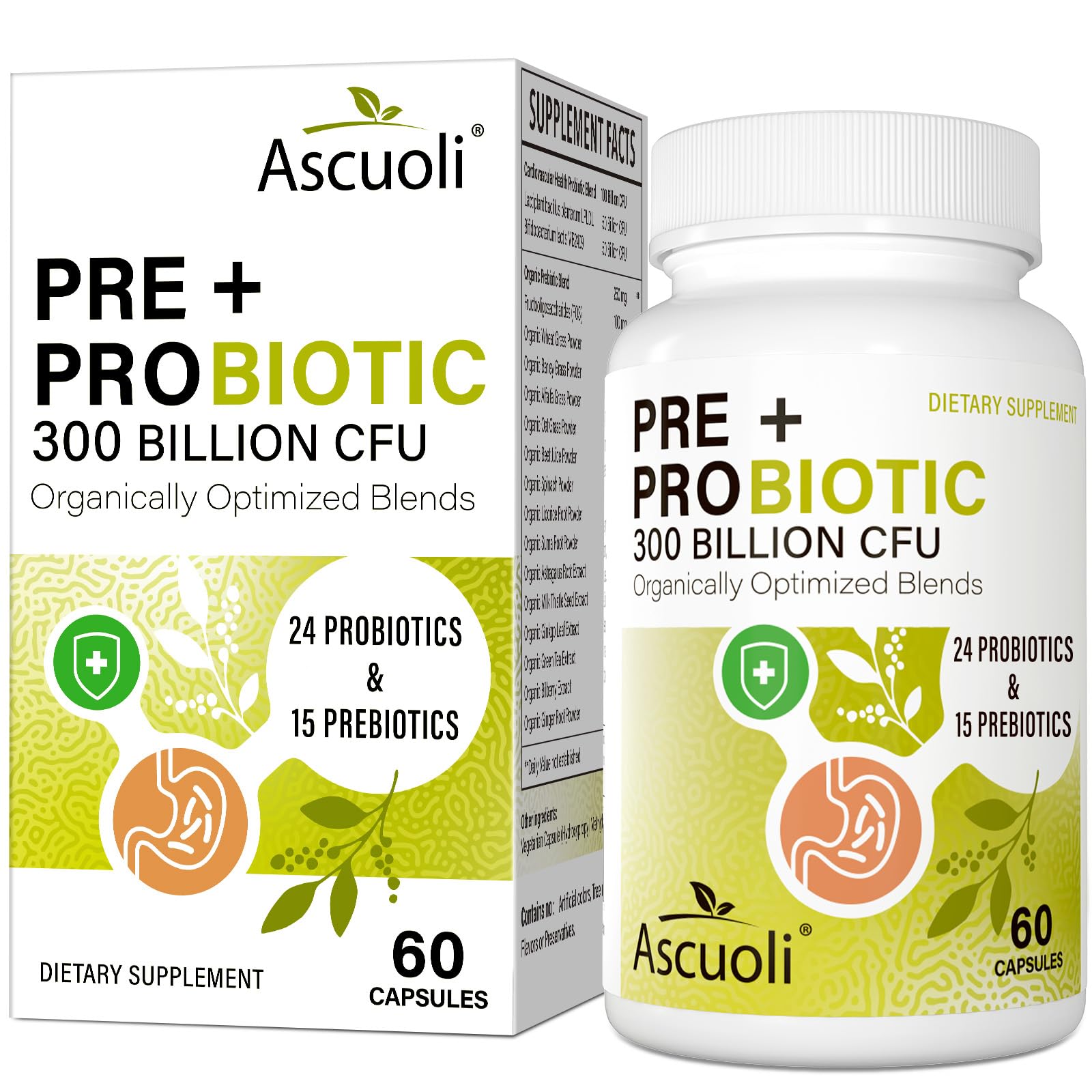 Ascuoli Probiotics for Women & Men - 300 Billion CFU, 24 Strains Probiotics + 15 Organic Herbs Blend, Daily Probiotic for Digestive Health,