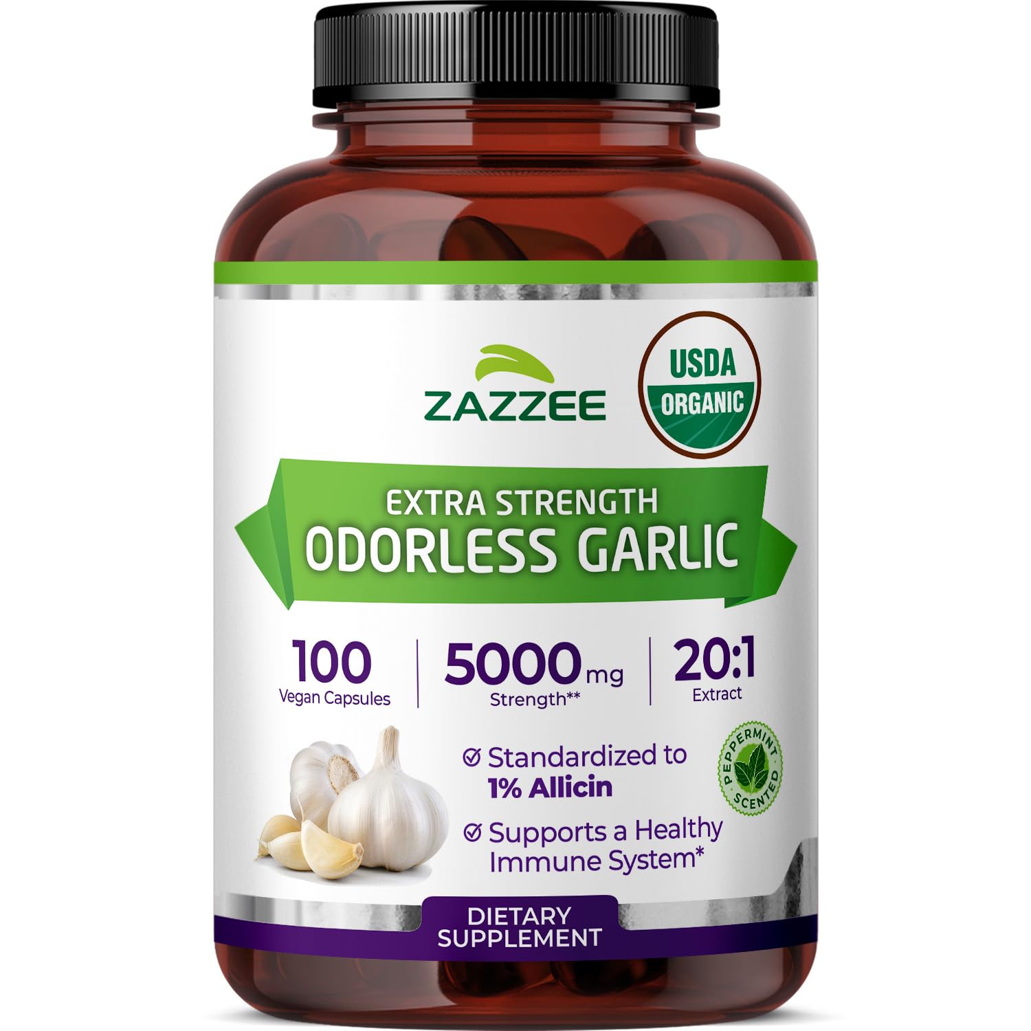 Zazzee USDA Organic Odorless Garlic 20:1 Extract, 1% Allicin, 100 Vegan Capsules, 3+ Month Supply, Allium Sativum, Immune, Circulation & Heart Health Support