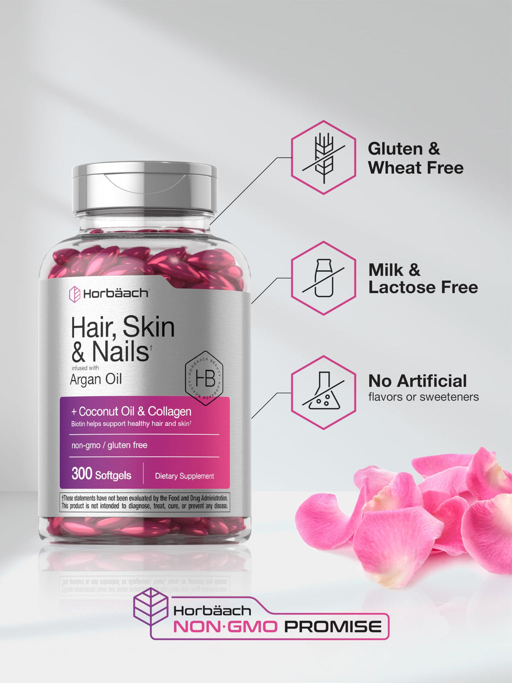 Horbäach Hair Skin and Nails Vitamins | 300 Softgels | with Biotin and Collagen | Infused with Argan Oil and Coconut Oil