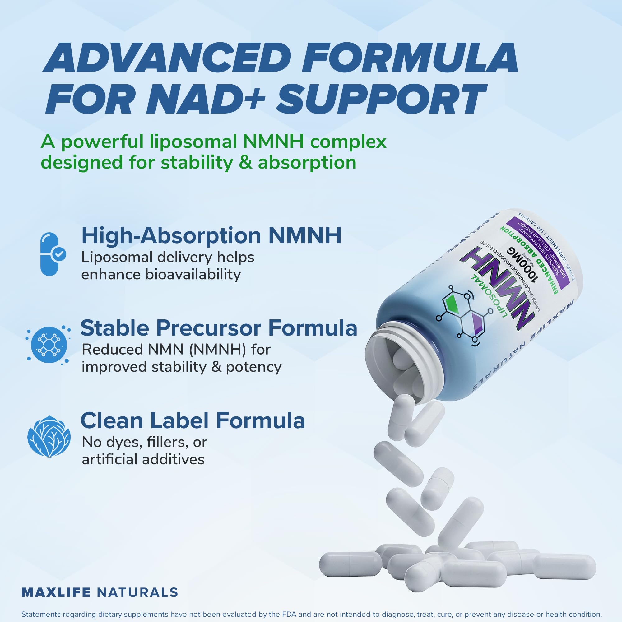 Liposomal NMNH 1000mg - 120 Capsules, Dihydronicotinamide Mononucleotide NAD+ Precursor - Ultra-Absorbable NAD Plus Complex, Liposomal NMN Supplements Capsules for Aging Support & Cellular Energy MAXLIFE NATURALS Au supplements